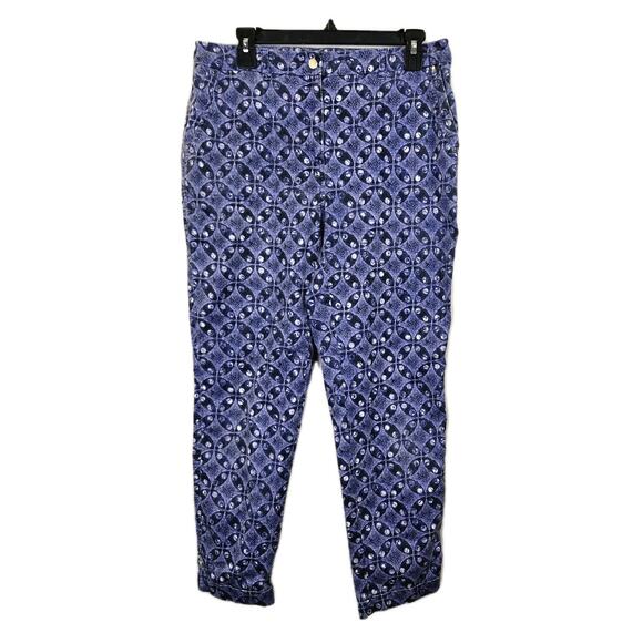 Chicos Pants Womens Medium 1 Blue Batik Tapered Boho Artsy Casual Trouser Size 8 - Picture 1 of 8